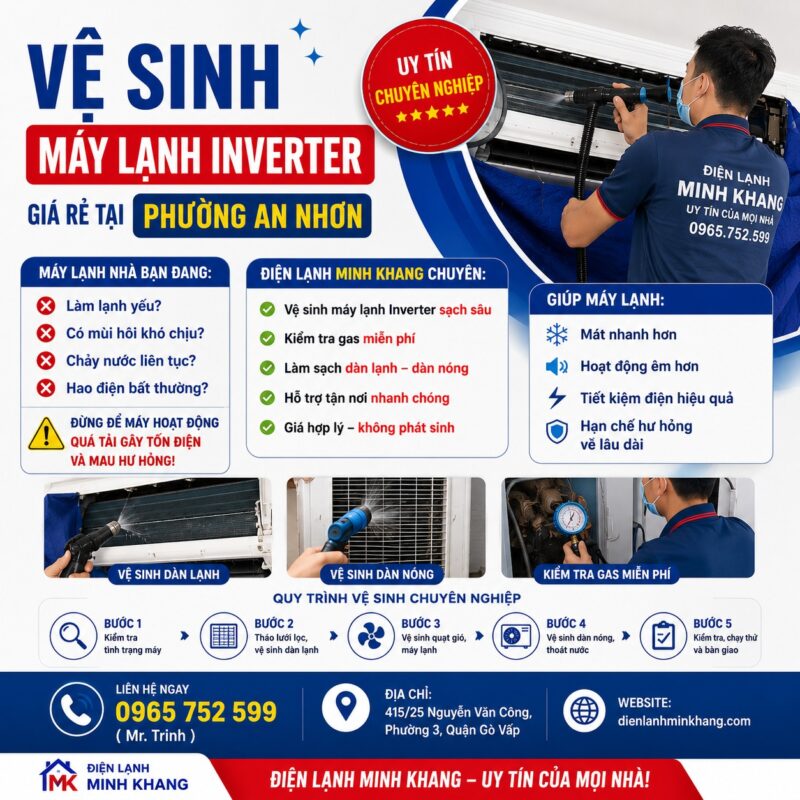 Vệ Sinh Máy Lạnh Inverter Giá Rẻ Tại Phường An Nhơn – ĐIỆN LẠNH MINH KHANG GÒ VẤP