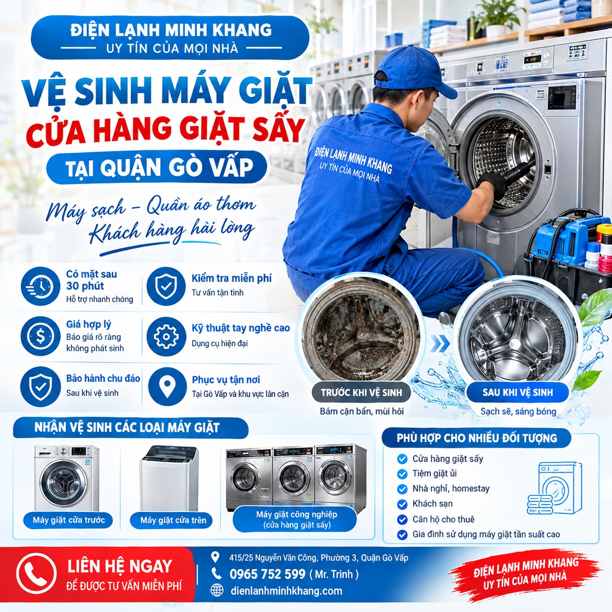ĐIỆN LẠNH MINH KHANG – HỖ TRỢ VỆ SINH MÁY GIẶT CHO CỬA HÀNG GIẶT SẤY TẠI GÒ VẤP, TẬN TÂM – GỌN GÀNG – TƯ VẤN RÕ RÀNG
