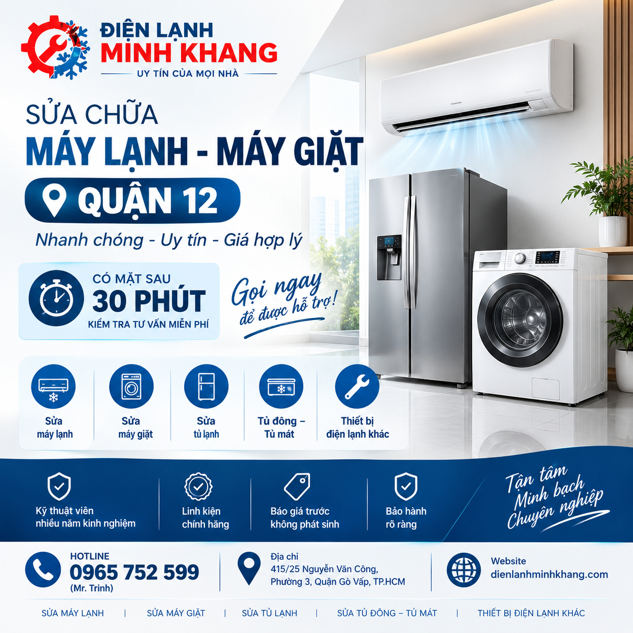 SỬA MÁY LẠNH MÁY GIẶT GẦN ĐÂY TẠI QUẬN 12 – CÓ MẶT SAU 30 PHÚT, KIỂM TRA TƯ VẤN MIỄN PHÍ | ĐIỆN LẠNH MINH KHANG